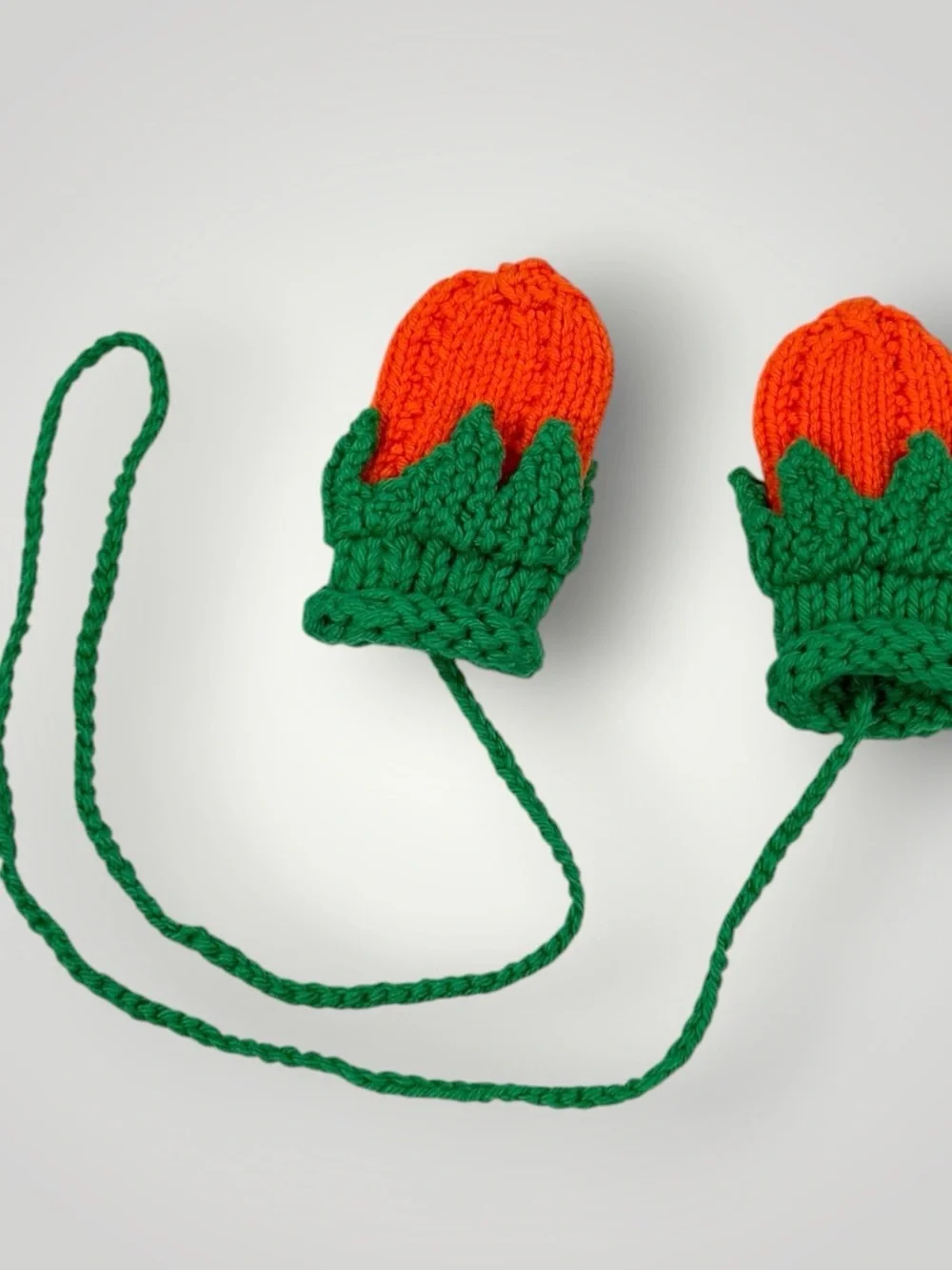 Hand-Knit Orange & Green Kids Mittens with Attached String 0-12 Months